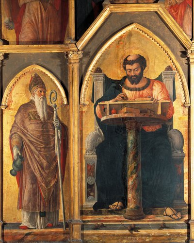 São Lucas na sua mesa e São Prosdocimo, detalhe de Altarpiece of St Luke de Andrea Mantegna (1431-1506), tempera sobre madeira de Andrea Mantegna