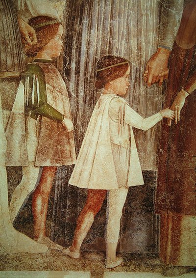 A chegada do cardeal Francesco Gonzaga, saudada por seu pai, o marquês Ludovico Gonzaga III e seus irmãos, detalhe dos filhos de Gonzaga, c. 1465-74 (detalhe de 78454) de Andrea Mantegna