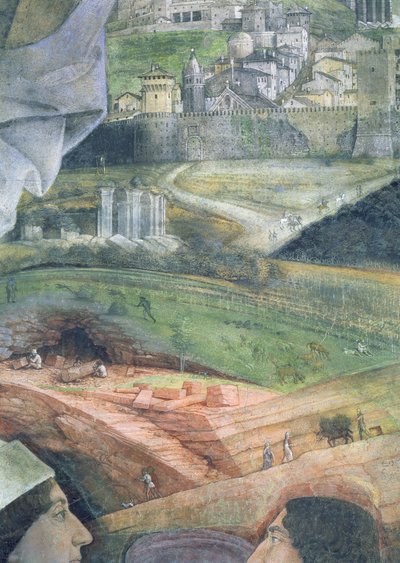 A chegada do cardeal Francesco Gonzaga; obras de pedreira de mármore e uma visão idealizada de Roma, a partir da Câmara degli Sposi ou Camera Picta, 1465-74 detalhe afresco de 78449 de Andrea Mantegna