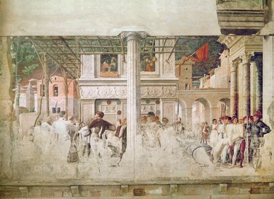 O martírio de São Cristóvão e o movimento de seu corpo (antes da restauração), c.1450-56 de Andrea Mantegna