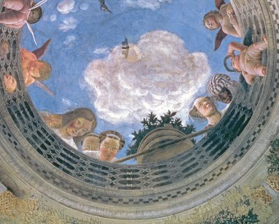 Trompe loeil oculus no centro do teto abobadado da Camera degli Sposi ou da Camera Picta, detalhe afresco 1465-74 de 72245 de Andrea Mantegna