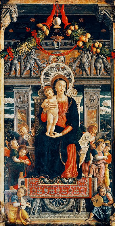 Entronizado virgem, detalhe da parte central do Altar de San Zeno de Andrea Mantegna (1431-1506), madeira, 220x115 cm, Basílica de San Zeno, Verona de Andrea Mantegna