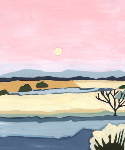 Pôr do sol cor-de-rosa sobre Villacuri, 2023 (acrílico sobre papel) de Andrea Mejia