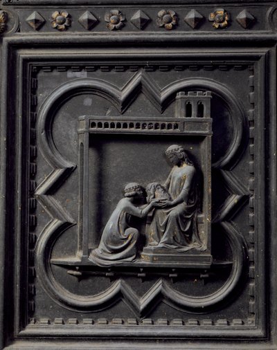 Salomé leva a cabeça de São João Batista a sua mãe Herodias, esposa de Herodes, décimo oitavo painel das Portas do Sul do Batistério de San Giovanni, 1336 (bronze) de Andrea Pisano