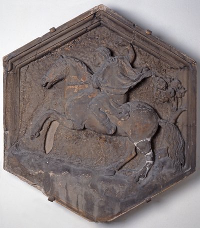 A arte da caça, telha de relevo decorativo hexagonal de uma série que descreve os praticantes das artes e Ciências, possivelmente com base em projetos de Giotto (c.1266-1337) c.1334-48 (mármore) de Andrea Pisano