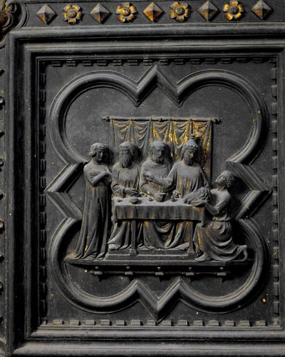 A Apresentação da Cabeça de São João Batista ao Rei Herodes (21 aC-39 dC), décimo sétimo painel das Portas do Sul do Batistério de San Giovanni, 1336 (bronze) de Andrea Pisano