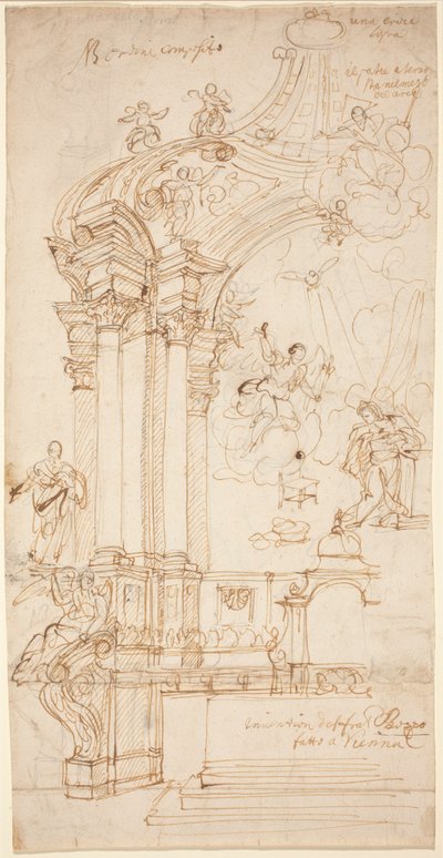 Um baldaquino com uma pintura da Anunciação, c.1708 ou posterior (desenho a pena e tinta) de Andrea Pozzo