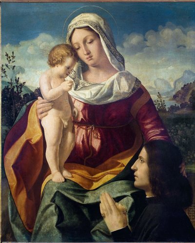 A Virgem e o Menino, com um doador - Pintura de Andrea Previtali (cerca de 1480-1528), óleo sobre tela de Andrea Previtali