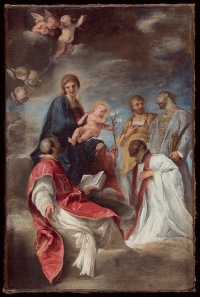 A Virgem e a Criança com os Santos Inácio de Loyola, Francisco Xavier, Cosmas e Damião de Andrea Sacchi