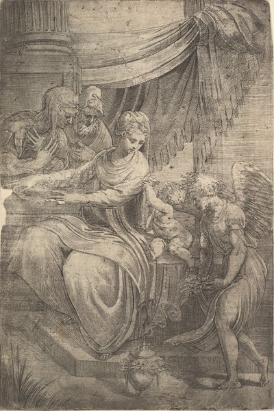 A Sagrada Família, um anjo segurando flores se aproximando da direita, ca. 1550-53. de Andrea Schiavone