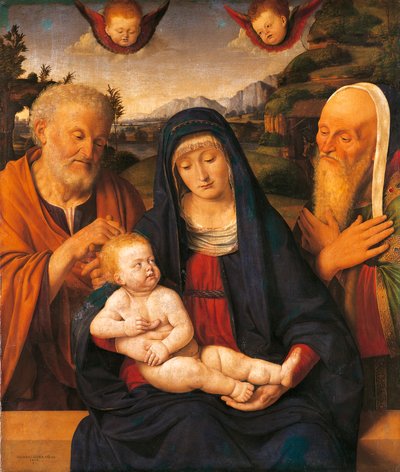 Madona e Menino com São José e Simeão de Andrea Solario (1470-1524), têmpera e óleo sobre painel, transferidos para tela de Andrea Solario