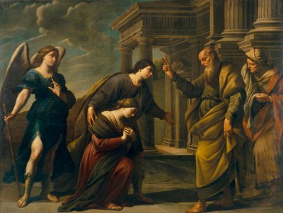 Raguel abençoa sua filha Sarah antes de partir para Ecbatane com Tobias (Bênção de Raguel de sua filha Sarah antes de deixar Ecbatana com Tobias) - Pintura de Andrea Vaccaro (1604-1670), óleo sobre tela (200,3x262 cm), cerca de 1640, arte italiana 17 sécul de Andrea Vaccaro