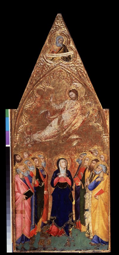""A Ascensão de Cristo"" Abaixo, a Virgem Maria e os apóstolos observando Jesus Cristo. Acima, representação do profeta Jeremias. Têmpera sobre madeira de Andrea Vanni (1332-1414) 1355-1360 Dim. 68x28 cm Museu Hermitage, São Petersburgo (São Pedro de Andrea Vanni