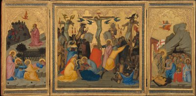 Cenas da Paixão de Cristo: A Agonia no Jardim, a Crucificação e a Descida ao Limbo [tríptico inteiro] de Andrea Vanni