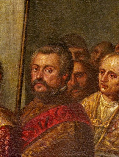 Senador veneziano, detalhe do rei Henri III da França visitando Veneza em 1574, da Sala das Quatro Portas (detalhe de 71525) de Andrea Vicentino
