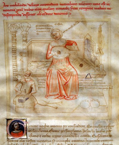 Allegorie de la Musique in "Chansonne des sept Vertus et des sept Arts liberales destinee à Bruzio Visconti" (La Canzone delle Virtu e delle Scienze) de Bartolomeo di Bartoli. Aguarela de Andrea di Bartoli (activa entre 1358 e 1368) (ms. 599, fol. de Andrea de Bartoli