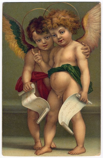 Dois anjos. Imagem piedosa após o pintor ANDREA DEL SARTO (1486-1530), Dresden, c.1910 (cromolitografia) de Andrea del (after) Sarto
