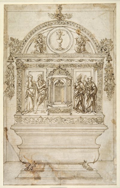 Desenho para o altar de uma capela, com um tabernáculo para a Eucaristia (caneta e tinta marrom com lavagem marrom sobre papel branco) de Andrea del (follower of) Verrocchio