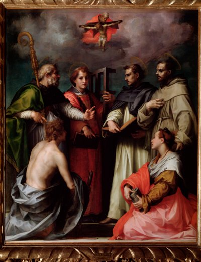 A disputa da Santíssima Trindade, com São Pedro, São Lourenço, Santo Agostinho de Hipona, São Francisco, São Sebastião, Santa Maria Madalena (Pintura, c.1517) de Andrea del Sarto