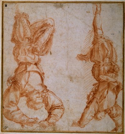 Dois estudos de um homem suspenso pela sua perna esquerda (giz vermelho sobre papel creme) de Andrea del Sarto