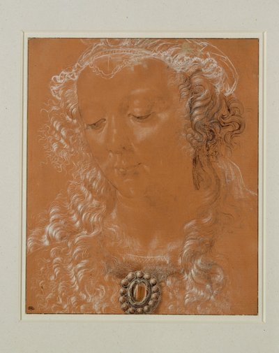 Cabeça de mulher, olhos baixos, ligeiramente virada para a esquerda ... de Andrea del Verrocchio