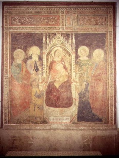 Madonna e Child com a SS. Elia, João Batista, Nicolau e Leonard (fresco) de Andrea di Bonaiuto (fl.1343 77)