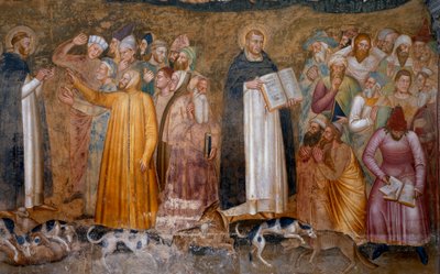 O triunfo da igreja militante: Tomás de Aquino perante os hereges e, em baixo à direita, Fra Dolcino rasgou a doutrina oficial da Igreja. Capela dos Espagniardos (Detalhe do fresco ,1365) de Andrea di Bonaiuto (fl.1343 77)