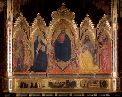 Maesta representando Jesus no trono com São Miguel, Maria e São Tomás de Aquino, São João Batista, São Pedro, São Lourenço e São Paulo - óleo sobre painel de Andrea di Cione Orcagna