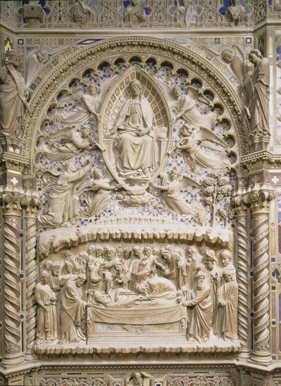 Tabernáculo, detalhe mostrando a Morte e Assunção da Virgem, 1359 de Andrea di Cione Orcagna