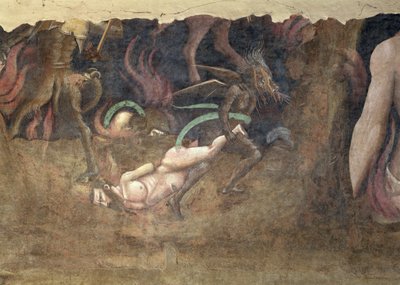 O triunfo da morte, detalhe de um demônio levando um pecador ao inferno, 1348 afrescos de Andrea di Cione Orcagna