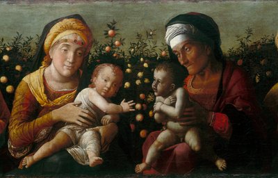 A Sagrada Família com os Santos Elisabeth, John e Zachary, detalhe de Andrea school of Mantegna