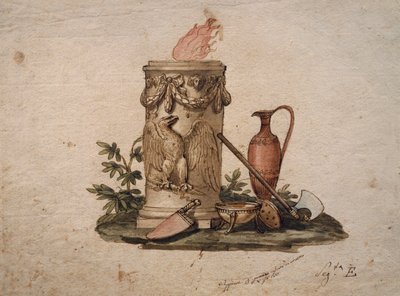 Braseira em forma de coluna, decorada com festões e águia, com armas de corte, copo e ânfora, pintura de Andrea Appiani (1754-1817), Itália de Andrea the Elder Appiani