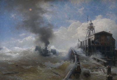 Um rebocador a sair do porto de Ostend na maré alta de Andreas Achenbach