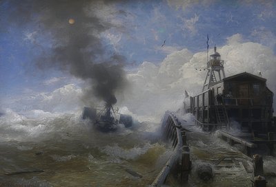 Um reboque deixa o porto de Ostende na maré alta. 1878 de Andreas Achenbach