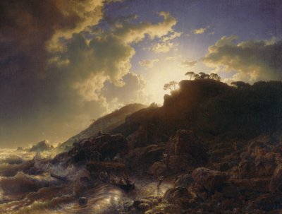 Pôr do sol após uma tempestade na costa da Sicília, 1853. de Andreas Achenbach
