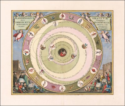 Carta celeste de 1660 que ilustra o modelo do universo do astrónomo grego Aratus de Andreas Cellarius