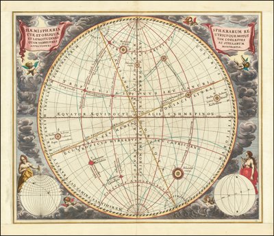 Carta celeste de 1660 que ilustra os movimentos da esfera vertical (sistema de coordenadas equatorial) e da esfera oblíqua (sistema de coordenadas eclítico) de Andreas Cellarius