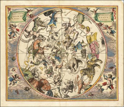 Mapa celeste de 1660 que ilustra as constelações do hemisfério norte sobrepostas ao hemisfério sul da Terra de Andreas Cellarius