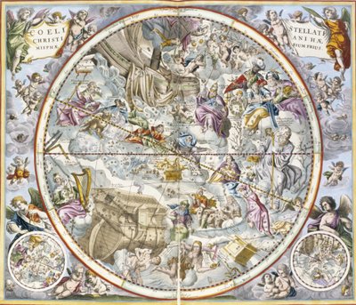 Mapa das constelações cristãs como descrito por Julius Schiller, do atlas celestial, ou a harmonia do universo atlas coelestis seu harmonia macrocosmica pub. de Joannes Janssonius, Amste de Andreas Cellarius