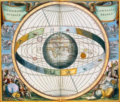 Mapa mostrando o sistema de órbitas planetárias de Tycho Brahe ao redor da Terra, 1660-1661 de Andreas Cellarius