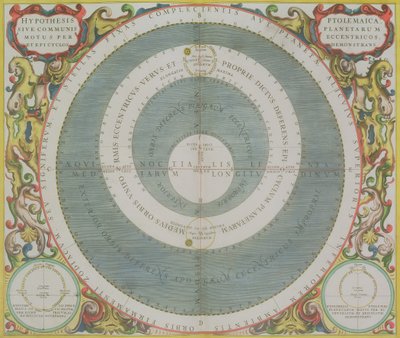 Sistema ptolomaico, da publicação "O Atlas Celestial, ou A Harmonia do Universo" (Atlas coelestis seu harmonia macrocosmica). por Joannes Janssonius, Amsterdam, 1660-61 (gravura colorida à mão) de Andreas Cellarius