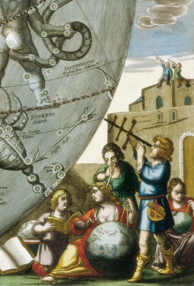 Cientistas (astrólogos e astrônomos) estudando os globos e a carta celeste, detalhe da Atlas Coelestis sua Harmonia Macrocosmica de Andreas Cellarius (1596-1665) de Andreas Cellarius