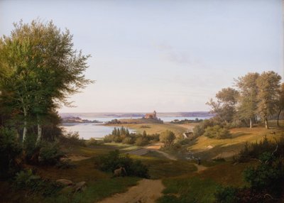 Vista da colina no Castelo de Skanderborg, Jutlândia e o Memorial de Frederik VI de Andreas Juuel