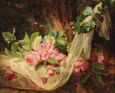 Natureza morta com rosas num chão de floresta de Andreas Lach
