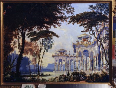 Palácio - Decoração preparatória para a ópera "Rouslan e Lyudmila" de Mikhail Glinka (1804-1857) - Cenário para a ópera Ruslan e Lyudmila de M Glinka - Obra de Andreas Leonhard Roller (1805-1891), aquarela e guache sobre papel de Andreas Leonhard Roller