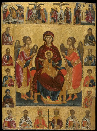 Ícone composto com a Virgem e a Criança Enthroned (tempera de ovo e folha de ouro no painel) de Andreas Rico