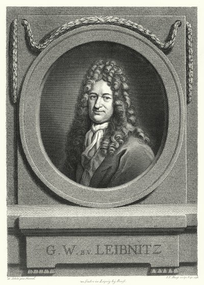 Gottfried Wilhelm Leibniz, filósofo, matemático e polimata alemão (gravura) de Andreas Scheits