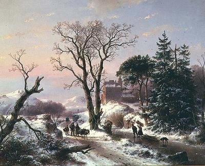 Uma paisagem fluvial arborizada com camponeses num caminho, e um castelo além de Andreas Schelfhout