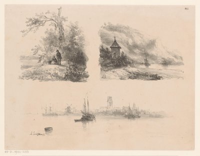 Figuras em uma floresta, um rio ao longo de uma costa montanhosa e barcos na água de Andreas Schelfhout
