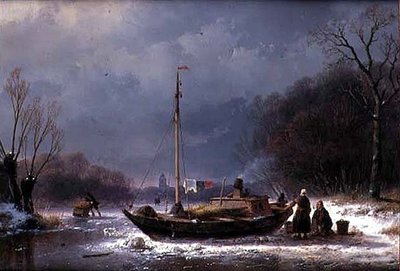 Camponeses em um barco em um rio congelado (óleo sobre tela) de Andreas Schelfhout